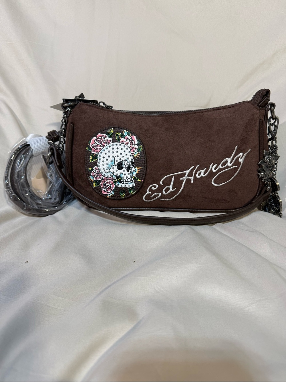 Ed Hardy Brown Suede Crossbody with Embroidered Skull & Roses